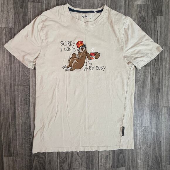 Anko Sleep Beige Sloth Graphic Tee “Sorry I Can’t, I’m Very Busy” Men’s M Funny - Picture 1 of 8